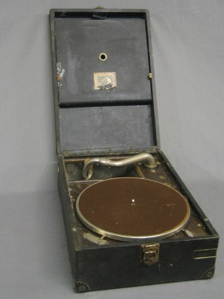 An HMV portable manual gramophone contained in a fibre case