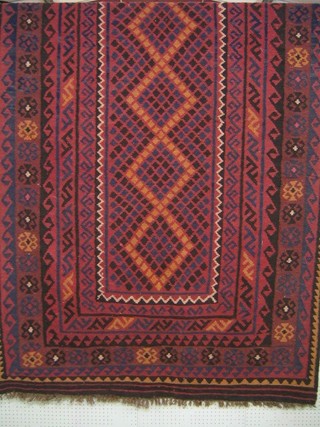 A contemporary red and blue ground Afghan Kelim carpet 93" x 61"