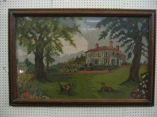 A large Berlin wool work panel of a country house with dogs 22" x 39"