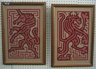 A pair of Berlin wool work panels depicting a Lion and Unicorn 17" x 11"