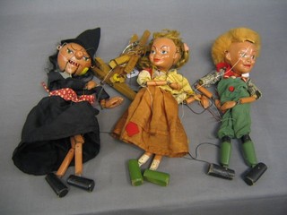 3 various Pelham Puppets, Witch, young girl and boy in dungarees (strings tangled)