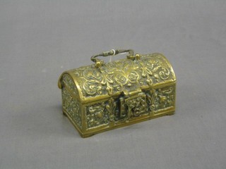 An embossed brass trinket box in the form of a coffer with hinged lid 5"