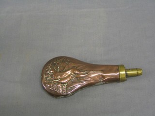 A 19th Century embossed copper shot or powder flask embossed game