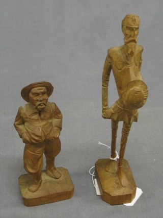 2 carved wooden figures of Don Quixote and Sancho Pancho 7" and 4"