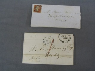 A Victorian Penny Red on an envelope together with a letter franked 1842 (no stamp)