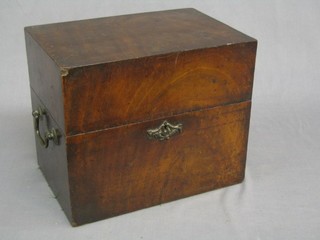 A 19th Century rectangular mahogany decanter box with hinged lid and brass swan neck drop handles, 11" (some veneer damage to top left handle corner)