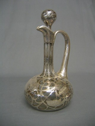 A  Continental glass and silver covered ewer and stopper 11" (cracked)