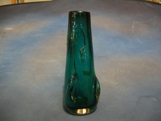 A Whitefriars green club shaped glass vase 10"