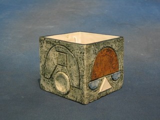A square Troika pottery vase with stylised decoration, the base marked Troika Cornwall Mimy, 4"