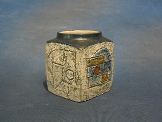 A 1950's square Troika vase with stylised decoration and rounded top, the base marked Troika Cornwall PB 3"