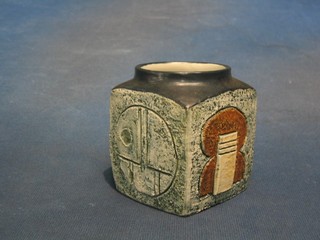 A square Troika vase with stylised decoration and rounded top, the base marked Troika Cornwall MM, 3"