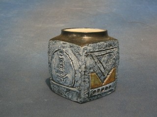 A square Troika vase with stylised decoration and rounded top, (slight chip in 2 places on the main body) base marked Troika TC? England  3 1/2"