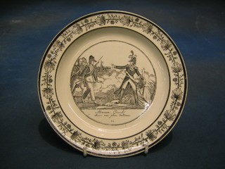 An 18th/19th Century French pottery plate with monochrome battle scene with figures decoration, the reverse impressed a shield marked Choisy 8"