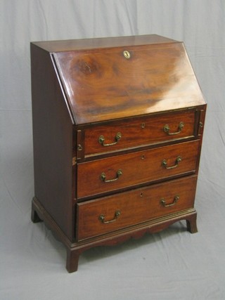 A 19th Century mahogany bureau, the fall front revealing a stepped interior above 3 long graduated drawers, (made up) with replacement handles (some patching), raised on splayed bracket feet, 28"