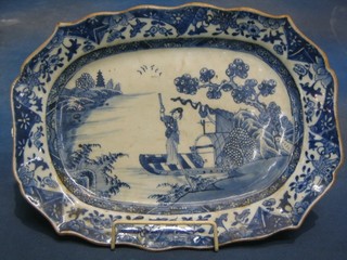 A 19th Century Nankin porcelain meat plate  decorated a punting Geisha girl 13"