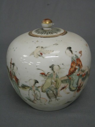A 19th Century globular shaped porcelain ginger jar and cover decorated figures riding a dragon 6"