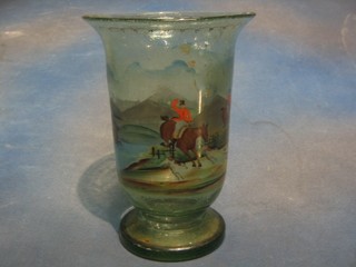 A 19th Century Continental  glass vase decorated Hunting scene 10"