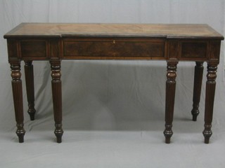 A William IV inverted break front serving table, the top inlaid brass stringing and with rosewood cross banding, fitted 1 long drawer and raised on 6 turned supports 66" (old scratch to top)