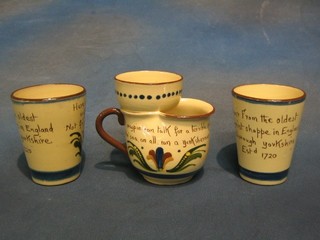 A Watocombe Devonware pottery shaving mug with  motto and 2 ditto beakers