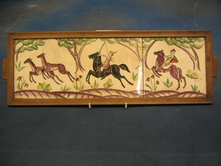 3 Pilkington's tiles decorated mountain huntsmen with deer, framed within an oak twin handled tea tray, the reverse marked Pilkington E and monogrammed OR, 17" x 6"