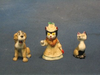 A Wade Whimsey "Lady and The Tramp dog", do. "Fluffy Cat" and a Disney Siamese cat figure 