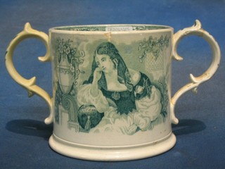 A  19th Century Victorian Staffordshire green glazed twin handled cup, the inside decorated 2 toads, base marked Victoria (f and r)