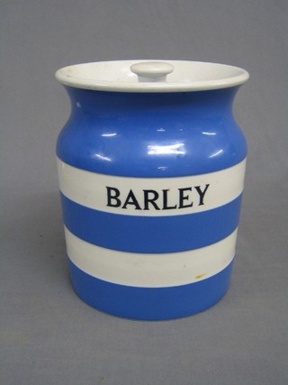 A blue and white Cornish kitchen ware storage jar marked Barley, the base with black shield mark 8"