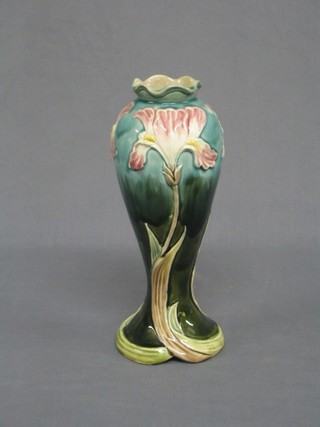 An Art Nouveau green glazed pottery vase, the base marked 1101, 10"