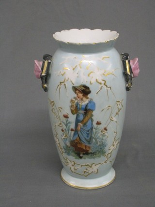 An Edwardian blue glazed porcelain vase decorated a figure supported by mask handles 10" (some damage)