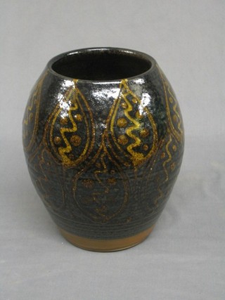 An Art Pottery brown glazed vase, the base with impressed tree mark, 9"