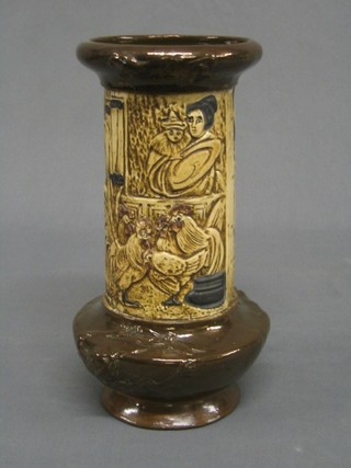 A Bretby vase decorated chickens with figure at a window, base marked Bretby 1859 E, 10"