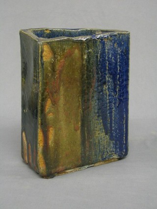 A rectangular blue glazed Art Pottery vase 10"