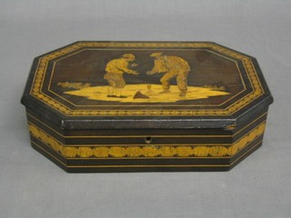 A 19th Century lozenge shaped Sorrento box with hinged lid decorated 2 standing figures 11" (some damage to left hinge) 