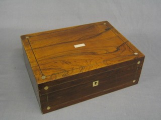 A Victorian rosewood trinket box with hinged lid inlaid mother of pearl stringing, 12" (some veneer missing to the back) the interior containing a beech cork screw