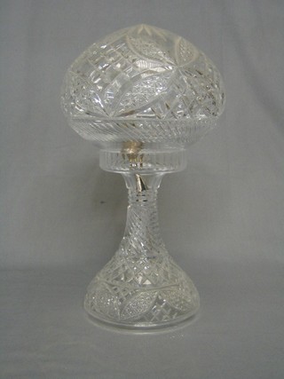 A 1930's cut glass table lamp of globular form 16"