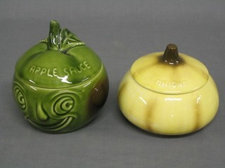 A green glazed Sylvac apple pie pot in the form of an apple, base marked 4559, together with a do. yellow glazed onion sauce pot, base marked 516