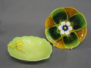 A circular Majolica leaf shaped plate impressed 85, 8" and an oval Royal Winton leaf shaped bowl 8" (2)