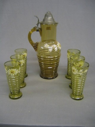 A German 7 piece amber glass lemonade set, the jug with pewter mounts