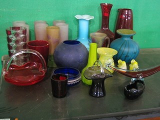 A blue Art Glass vase, a Murano style vase and a collection of coloured glassware