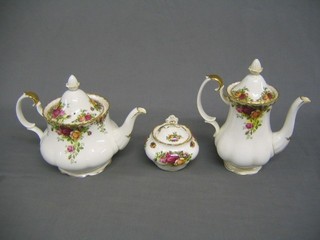 A Royal Albert Old Country Rose pattern teapot, matching coffee pot, cake stand, 2 oval dishes 13", a sucrier and cover, sauce boat, cream jug and rectangular sandwich plate