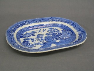 An Elkin Improved stone china blue and white Willow pattern meat plate 14"