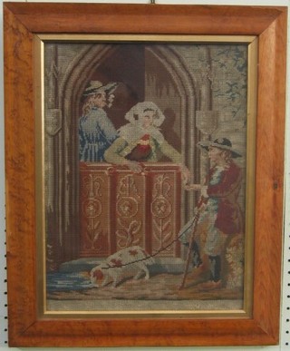 A Berlin wool work panel of Mediaeval Scene, contained in a maple frame