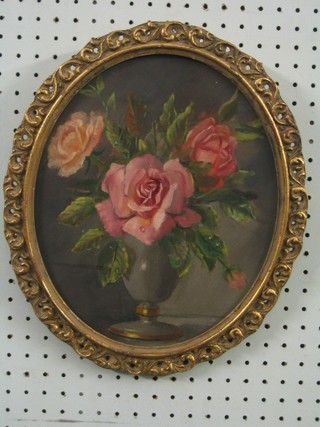 20th Century oil on board "Still Life Study Vase of Pink Roses" 12" oval