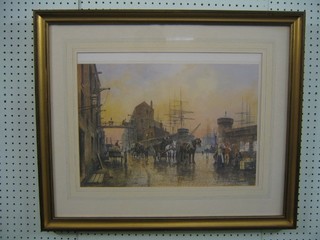 After J Chapman, coloured print "Victorian Dock Yard Scene with Dray Horses, Figures etc" 13" x 19"