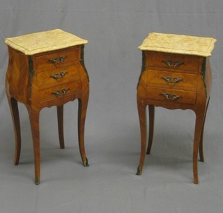 A pair of 20th Century French "Kingwood" bedside chests of bombe form with pink veined marble tops, fitted 3 drawers with gilt mounts throughout, raised on cabriole supports, 14"