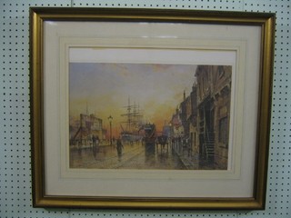 After J Chapman, reproduction Victorian coloured print "Docks with Trams and Figures" 14" x 19" signed in margin