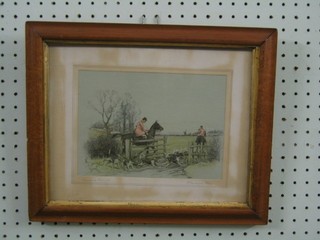 After J S Sanderson, coloured hunting print "Bringing Them On" 6" x 8" contained in a maple frame
