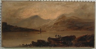 A 19th Century oil on canvas "Mountain Scene with Loch and Figures Fishing" 12" x 24" (small hole)