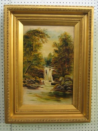 19th Century oil painting on board "Figure Fishing by a River" 17" x 11"