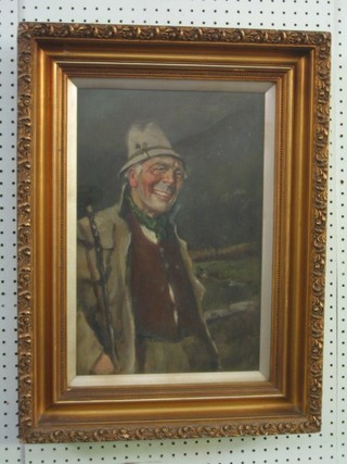 Henry Picher, 19th Century oil on canvas "Standing Farmer with Stick" 18" x 11"